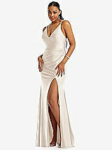 Front View Thumbnail - Oat Deep V-Neck Stretch Satin Mermaid Dress with Slight Train