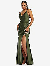 Front View Thumbnail - Olive Green Deep V-Neck Stretch Satin Mermaid Dress with Slight Train