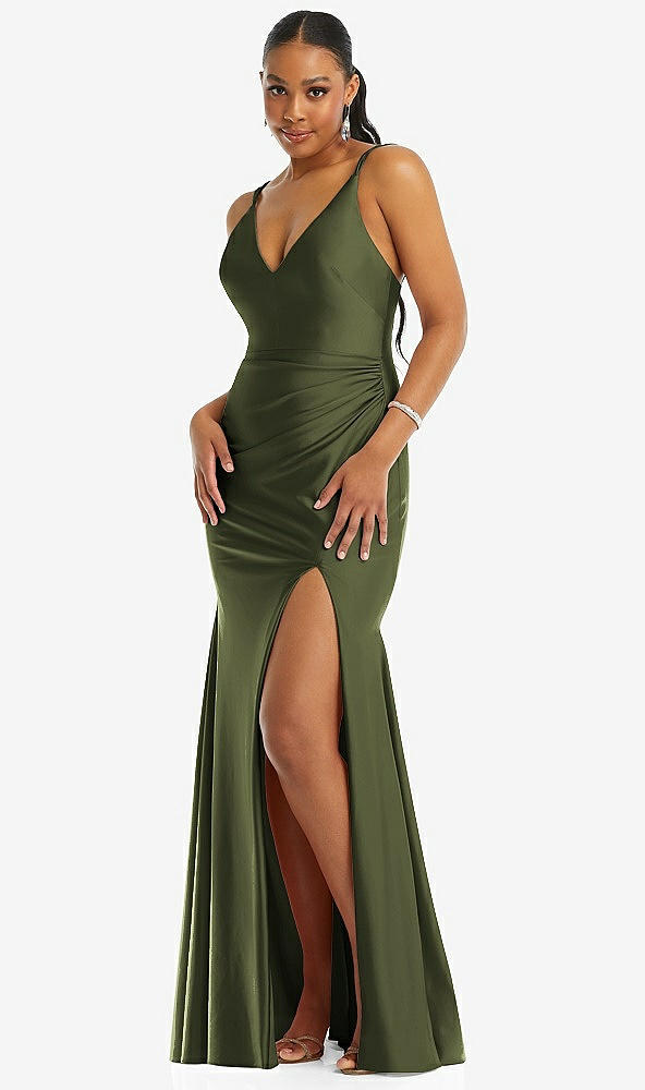 Front View - Olive Green Deep V-Neck Stretch Satin Mermaid Dress with Slight Train