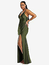 Side View Thumbnail - Olive Green Deep V-Neck Stretch Satin Mermaid Dress with Slight Train