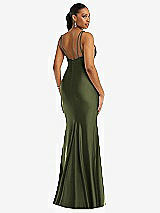 Rear View Thumbnail - Olive Green Deep V-Neck Stretch Satin Mermaid Dress with Slight Train