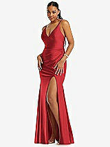 Front View Thumbnail - Poppy Red Deep V-Neck Stretch Satin Mermaid Dress with Slight Train