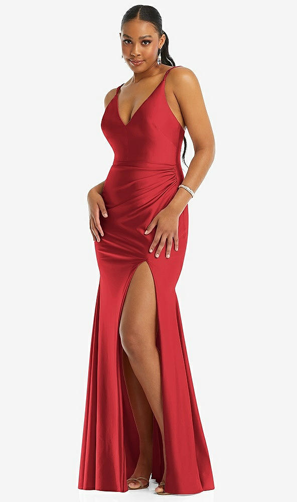 Front View - Poppy Red Deep V-Neck Stretch Satin Mermaid Dress with Slight Train