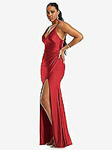Side View Thumbnail - Poppy Red Deep V-Neck Stretch Satin Mermaid Dress with Slight Train
