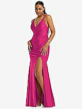 Front View Thumbnail - Think Pink Deep V-Neck Stretch Satin Mermaid Dress with Slight Train