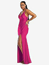 Side View Thumbnail - Think Pink Deep V-Neck Stretch Satin Mermaid Dress with Slight Train