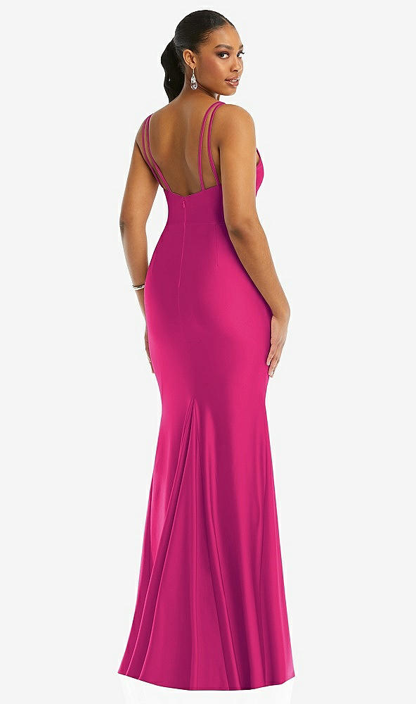 Back View - Think Pink Deep V-Neck Stretch Satin Mermaid Dress with Slight Train