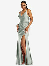 Front View Thumbnail - Willow Green Deep V-Neck Stretch Satin Mermaid Dress with Slight Train