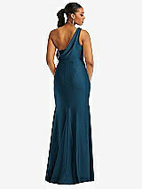 Rear View Thumbnail - Atlantic Blue One-Shoulder Asymmetrical Cowl Back Stretch Satin Mermaid Dress