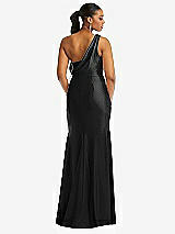 Rear View Thumbnail - Black One-Shoulder Asymmetrical Cowl Back Stretch Satin Mermaid Dress