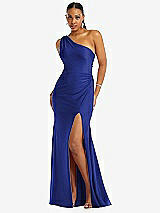 Front View Thumbnail - Cobalt Blue One-Shoulder Asymmetrical Cowl Back Stretch Satin Mermaid Dress