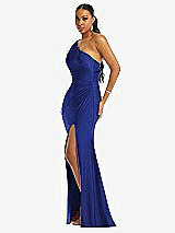 Side View Thumbnail - Cobalt Blue One-Shoulder Asymmetrical Cowl Back Stretch Satin Mermaid Dress