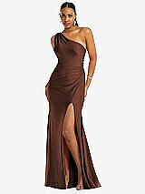 Front View Thumbnail - Cognac One-Shoulder Asymmetrical Cowl Back Stretch Satin Mermaid Dress