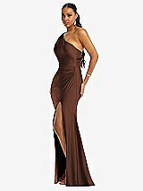 Side View Thumbnail - Cognac One-Shoulder Asymmetrical Cowl Back Stretch Satin Mermaid Dress