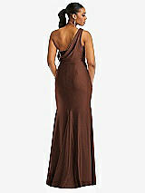 Rear View Thumbnail - Cognac One-Shoulder Asymmetrical Cowl Back Stretch Satin Mermaid Dress