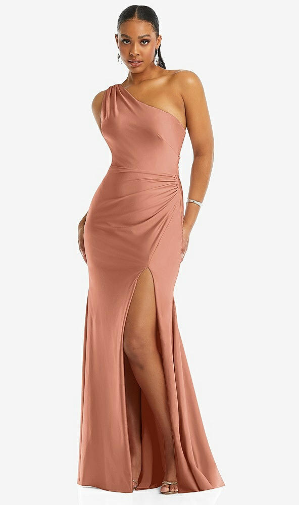 Front View - Copper Penny One-Shoulder Asymmetrical Cowl Back Stretch Satin Mermaid Dress