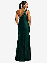 Rear View Thumbnail - Evergreen One-Shoulder Asymmetrical Cowl Back Stretch Satin Mermaid Dress