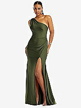 Front View Thumbnail - Olive Green One-Shoulder Asymmetrical Cowl Back Stretch Satin Mermaid Dress