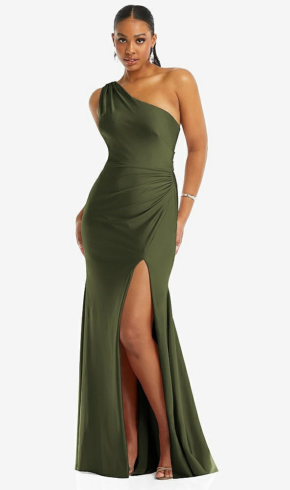 Front View - Olive Green One-Shoulder Asymmetrical Cowl Back Stretch Satin Mermaid Dress
