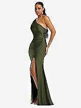 Side View Thumbnail - Olive Green One-Shoulder Asymmetrical Cowl Back Stretch Satin Mermaid Dress