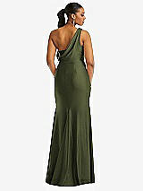 Rear View Thumbnail - Olive Green One-Shoulder Asymmetrical Cowl Back Stretch Satin Mermaid Dress