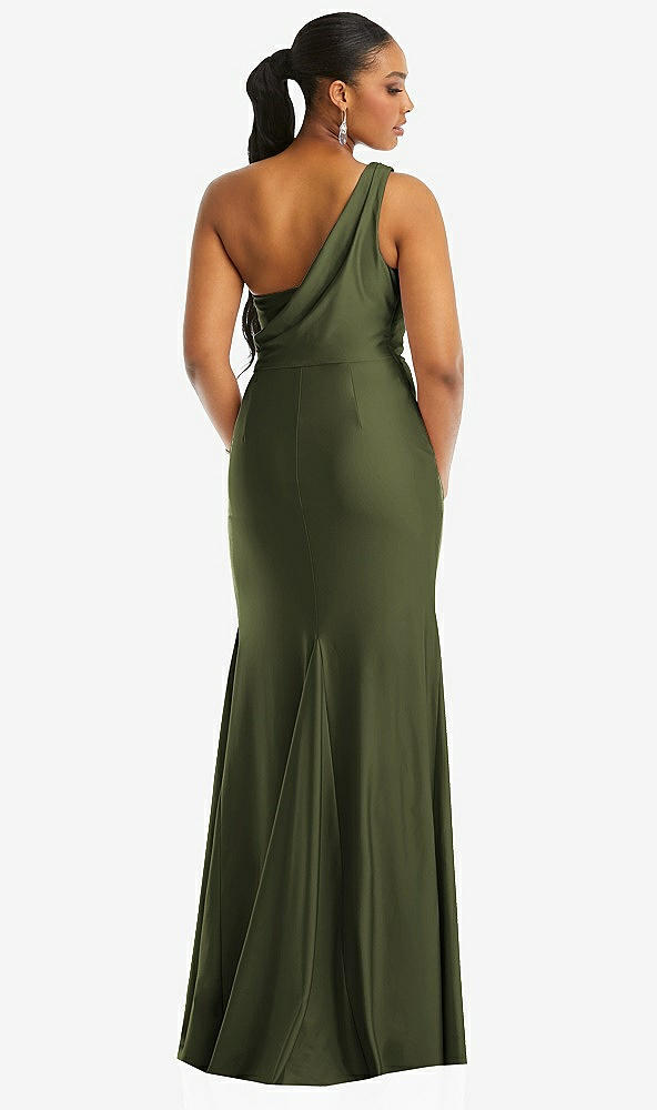 Back View - Olive Green One-Shoulder Asymmetrical Cowl Back Stretch Satin Mermaid Dress