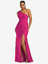 Front View Thumbnail - Think Pink One-Shoulder Asymmetrical Cowl Back Stretch Satin Mermaid Dress