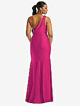 Rear View Thumbnail - Think Pink One-Shoulder Asymmetrical Cowl Back Stretch Satin Mermaid Dress