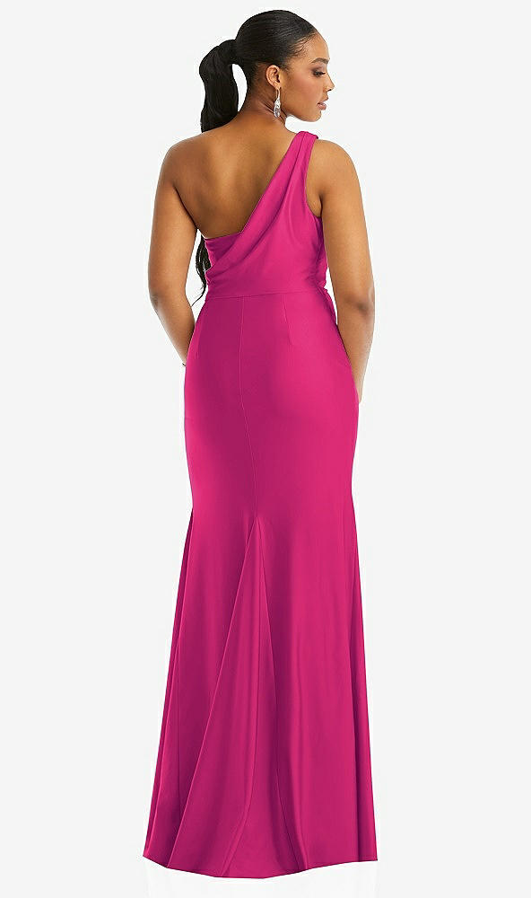 Back View - Think Pink One-Shoulder Asymmetrical Cowl Back Stretch Satin Mermaid Dress
