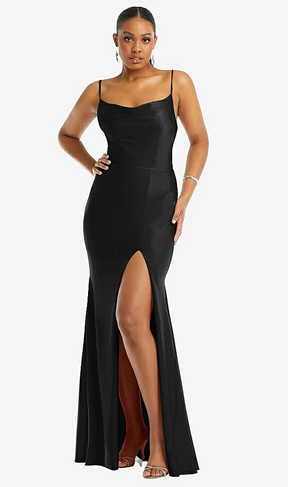 Front View - Black Cowl-Neck Open Tie-Back Stretch Satin Mermaid Dress with Slight Train