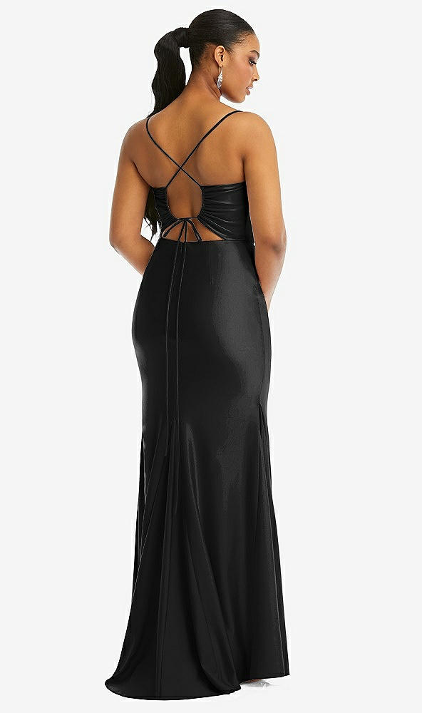 Back View - Black Cowl-Neck Open Tie-Back Stretch Satin Mermaid Dress with Slight Train