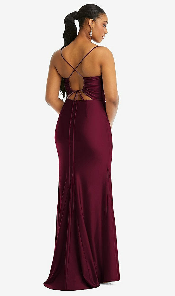 Back View - Cabernet Cowl-Neck Open Tie-Back Stretch Satin Mermaid Dress with Slight Train