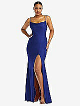 Front View Thumbnail - Cobalt Blue Cowl-Neck Open Tie-Back Stretch Satin Mermaid Dress with Slight Train