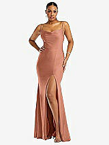 Front View Thumbnail - Copper Penny Cowl-Neck Open Tie-Back Stretch Satin Mermaid Dress with Slight Train