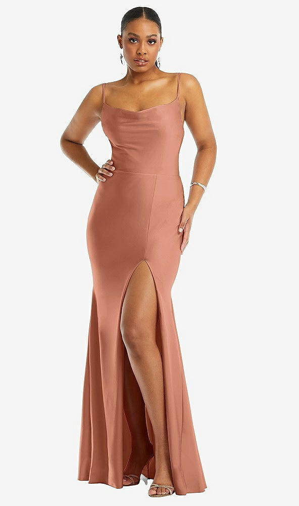 Front View - Copper Penny Cowl-Neck Open Tie-Back Stretch Satin Mermaid Dress with Slight Train