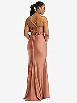 Rear View Thumbnail - Copper Penny Cowl-Neck Open Tie-Back Stretch Satin Mermaid Dress with Slight Train