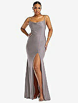 Front View Thumbnail - Cashmere Gray Cowl-Neck Open Tie-Back Stretch Satin Mermaid Dress with Slight Train