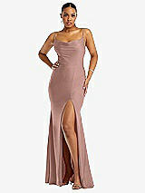 Front View Thumbnail - Neu Nude Cowl-Neck Open Tie-Back Stretch Satin Mermaid Dress with Slight Train