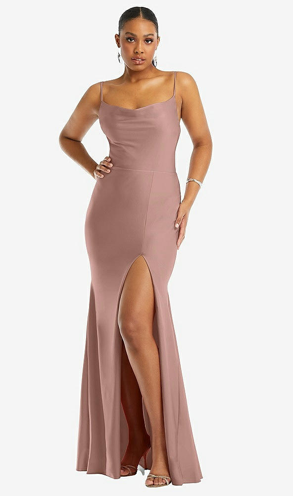 Front View - Neu Nude Cowl-Neck Open Tie-Back Stretch Satin Mermaid Dress with Slight Train