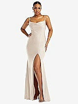 Front View Thumbnail - Oat Cowl-Neck Open Tie-Back Stretch Satin Mermaid Dress with Slight Train