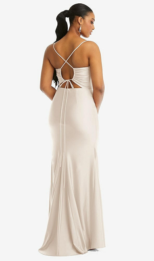 Back View - Oat Cowl-Neck Open Tie-Back Stretch Satin Mermaid Dress with Slight Train