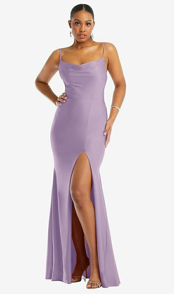 Front View - Pale Purple Cowl-Neck Open Tie-Back Stretch Satin Mermaid Dress with Slight Train