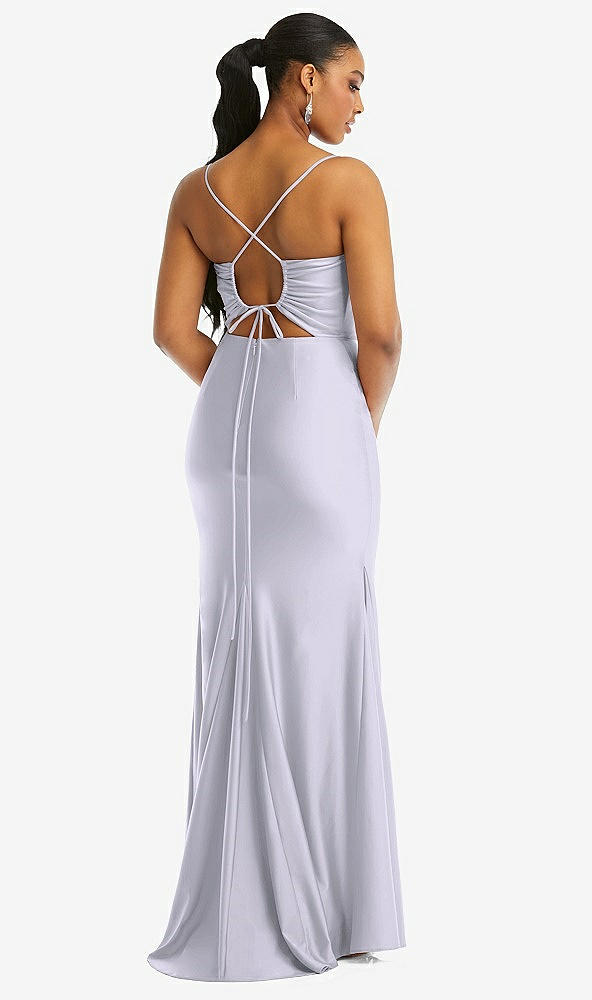 Back View - Silver Dove Cowl-Neck Open Tie-Back Stretch Satin Mermaid Dress with Slight Train