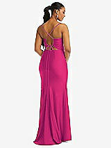 Rear View Thumbnail - Think Pink Cowl-Neck Open Tie-Back Stretch Satin Mermaid Dress with Slight Train