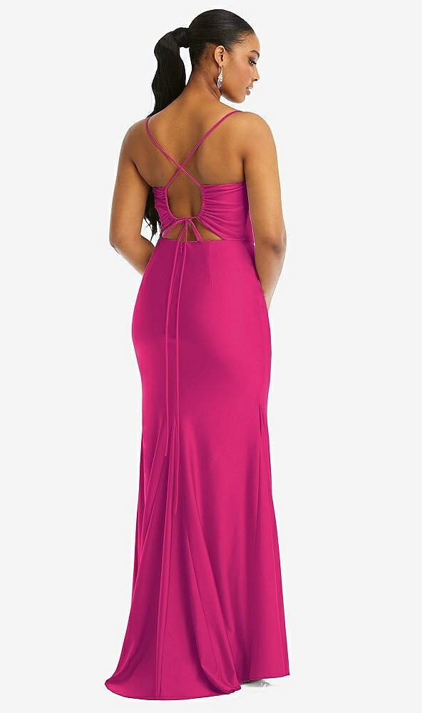 Back View - Think Pink Cowl-Neck Open Tie-Back Stretch Satin Mermaid Dress with Slight Train