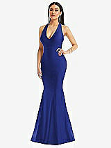 Front View Thumbnail - Cobalt Blue Plunge Neckline Cutout Low Back Stretch Satin Mermaid Dress