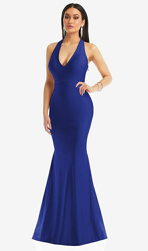 Front View - Cobalt Blue Plunge Neckline Cutout Low Back Stretch Satin Mermaid Dress