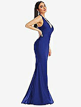 Side View Thumbnail - Cobalt Blue Plunge Neckline Cutout Low Back Stretch Satin Mermaid Dress