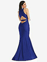 Rear View Thumbnail - Cobalt Blue Plunge Neckline Cutout Low Back Stretch Satin Mermaid Dress