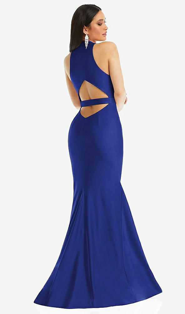 Back View - Cobalt Blue Plunge Neckline Cutout Low Back Stretch Satin Mermaid Dress